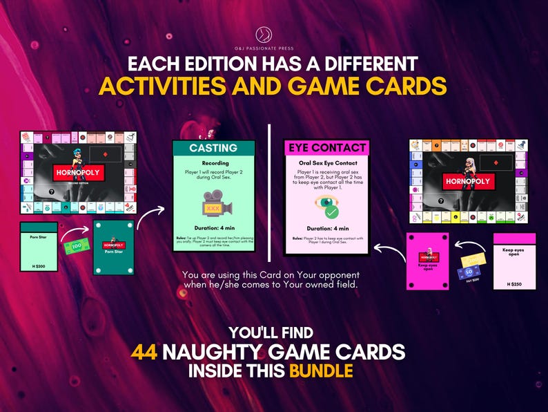 Op de afbeelding: Een bordspelset genaamd HORNOPOLY met twee verschillende spelborden, speelgeld en activiteitenkaarten. De tekst luidt EACH EDITION HAS A DIFFERENT ACTIVITIES AND GAME CARDS en YOU'LL FIND 44 NAUGHTY GAME CARDS INSIDE THIS BUNDLE.