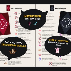 K&ouml;nnte beinhalten: Eine zweiseitige Anleitung mit den Abschnitten Her Challenges und His Challenges. Die Seiten enthalten verschiedene Symbole, Textbeschreibungen sexueller Aktivit&auml;ten und zwei rechteckige Karten mit rautenf&ouml;rmigen Silhouetten-Symbolen.