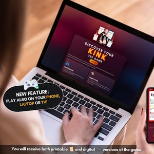 May include: A laptop and a smartphone displaying a digital card game titled Discover Your Kink. The screen shows game modes like Cooperation and Competition. A black speech bubble graphic states: New Feature: Play also on your phone, laptop or TV!