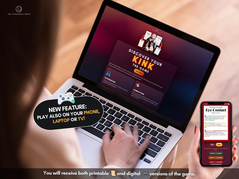May include: A laptop and a smartphone displaying a digital card game titled Discover Your Kink. The screen shows game modes like Cooperation and Competition. A black speech bubble graphic states: New Feature: Play also on your phone, laptop or TV!
