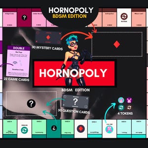 Op de afbeelding: Een Hornopoly BDSM Edition bordspel met een centraal rood rechthoek met witte tekst, een stripfiguur in zwarte kleding, 30 mysteriekaarten, 22 spelkaarten, 50 vragenkaarten en 4 fiches. Het bord bevat verschillende gekleurde vakken en tekst.