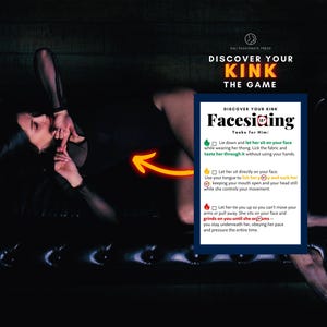 May include: A rectangular game card titled Discover Your Kink Facesitting with a list of tasks for him, featuring icons of a green leaf, a yellow flame, and a red flame, alongside text instructions for intimate activities on a dark background.