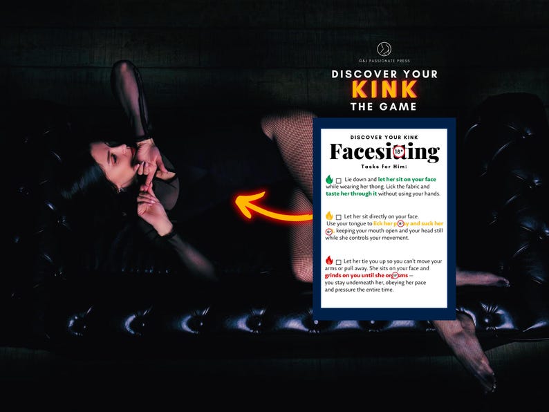 May include: A rectangular game card titled Discover Your Kink Facesitting with a list of tasks for him, featuring icons of a green leaf, a yellow flame, and a red flame, alongside text instructions for intimate activities on a dark background.