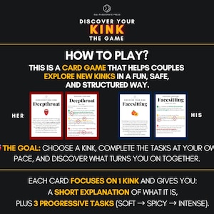 May include: A card game titled Discover Your Kink The Game featuring instructional text on how to play. The display shows four cards labelled Deepthroat and Facesitting with red and blue borders, explaining tasks categorised as soft, spicy, and intense.