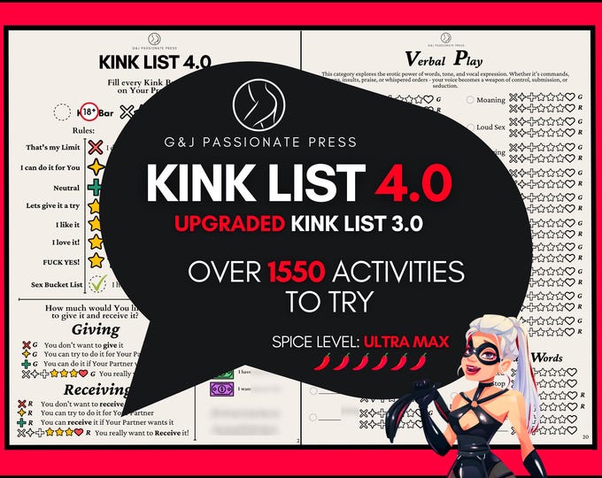 Kink List 4.0 - 1550 Sex Activities & Fetishes. Kinky, Sexy, Humiliation, BDSM Sex Ideas for Couples. Submissive Woman Tasks. Naughty Gift.