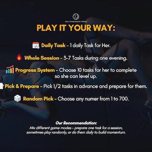 May include: A dark-themed informational graphic titled PLAY IT YOUR WAY, outlining five game modes: Daily Task, Whole Session, Progress System, Pick & Prepare, and Random Pick. The text includes instructions for task selection and a recommendation section.