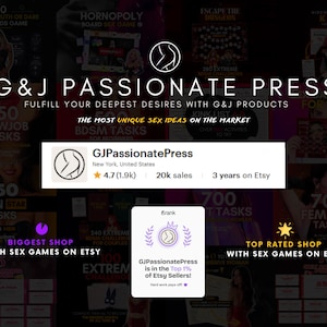May include: A digital shop banner for G&J Passionate Press on Etsy, featuring a logo of a stylized silhouette, shop statistics including 20k sales, a 4.7 star rating, and an eRank badge stating the shop is in the top 1% of Etsy sellers.