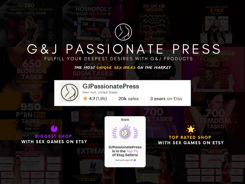 May include: A digital shop banner for G&J Passionate Press on Etsy, featuring a logo of a stylized silhouette, shop statistics including 20k sales, a 4.7 star rating, and an eRank badge stating the shop is in the top 1% of Etsy sellers.