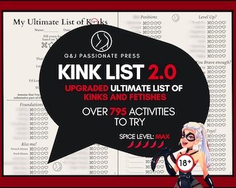 Kink List 2.0 - Upgraded List with Fetishes and Over 795 Sex Activities to Try. Sex Bucket List with Positions, Toys. BDSM Submissive Sex.