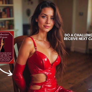 May include: A red vinyl dress with cutouts and matching long gloves. A rectangular card features the text Submissive Woman and a challenge description. The image includes the text DO A CHALLENGE TO RECEIVE NEXT CARD and the logo G&J PASSIONATE PRESS.