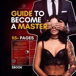 Może przedstawiać: Okładka ebooka z tytułem "Guide to Become a Master" dużymi, żółtymi literami. Okładka przedstawia kobietę z oczami zasłoniętymi dłońmi mężczyzny. Ebook ma ponad 115 stron i zawiera plan, jak zostać mistrzem w 5 tygodni.