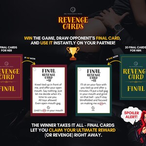 Op de afbeelding: Revenge Cards spelset met 20 finalekaarten voor haar en 20 voor hem. De kaarten bevatten tekstinstructies voor intiem spel, zoals Final Revenge Card #12 en #13. Een trofee-icoon en een stripfiguur met rood haar zijn zichtbaar op de afbeelding.