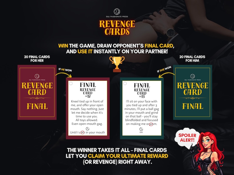 Op de afbeelding: Revenge Cards spelset met 20 finalekaarten voor haar en 20 voor hem. De kaarten bevatten tekstinstructies voor intiem spel, zoals Final Revenge Card #12 en #13. Een trofee-icoon en een stripfiguur met rood haar zijn zichtbaar op de afbeelding.