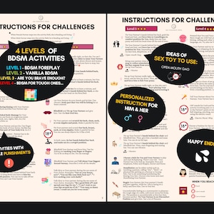 May include: A two-page instructional guide titled INSTRUCTIONS FOR CHALLENGES, featuring black text on a cream background. It includes numbered levels of BDSM activities, icons, and black speech bubbles with white text detailing sexual activities.