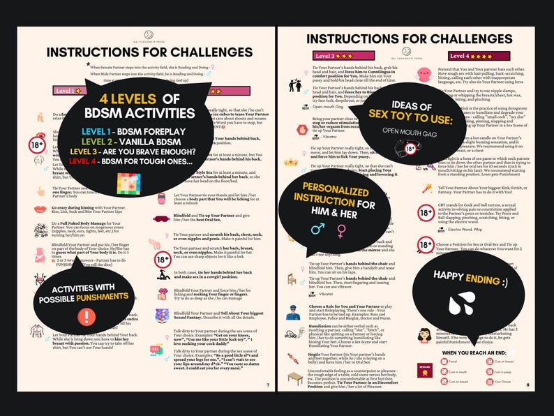 May include: A two-page instructional guide titled INSTRUCTIONS FOR CHALLENGES, featuring black text on a cream background. It includes numbered levels of BDSM activities, icons, and black speech bubbles with white text detailing sexual activities.