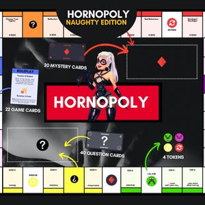 Op de afbeelding: Een Hornopoly Naughty Edition bordspel met een zwart-witte achtergrond en een centrale rode rechthoek met de titel. Het bord bevat diverse gekleurde eigendomsvakken, een karakterillustratie, 20 mysteriekaarten, 22 spelkaarten, 40 vraagkaarten en 4 fiches met konijneniconen.