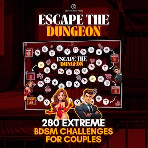 Puede incluir: Un juego de mesa titulado "Escape the Dungeon" con un tema rojo y negro. El juego presenta un tablero con varios iconos e ilustraciones, y el texto "280 Retos BDSM Extremos para Parejas".