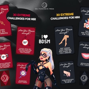 K&ouml;nnte beinhalten: Ein Set von Erwachsenenspielkarten mit roten und schwarzen Designs, die den Text Are You Brave enough? sowie 30 EXTREME CHALLENGES FOR HER und FOR HIM tragen. Die Karten zeigen verschiedene Illustrationen und explizite Textbeschreibungen.