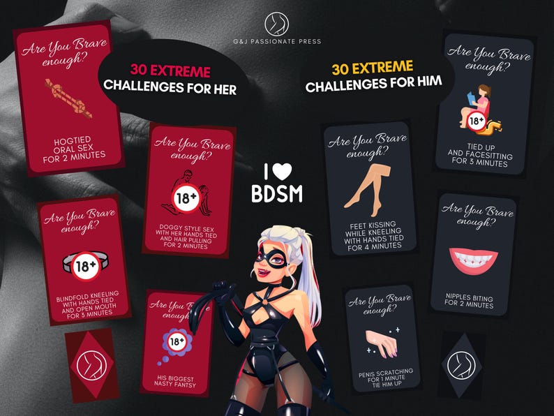 K&ouml;nnte beinhalten: Ein Set von Erwachsenenspielkarten mit roten und schwarzen Designs, die den Text Are You Brave enough? sowie 30 EXTREME CHALLENGES FOR HER und FOR HIM tragen. Die Karten zeigen verschiedene Illustrationen und explizite Textbeschreibungen.