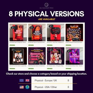 Op de afbeelding: Een overzicht van acht fysieke boeken en bordspellen van O&J Passionate Press, waaronder titels zoals 500 BDSM Tasks for Beginners, 650 Blowjob Tasks, Kink List 4.0, Escape Dungeon, Discover Your Kink en 700 Slut Tasks for Submissive Women.