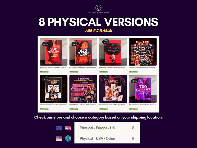 Op de afbeelding: Een overzicht van acht fysieke boeken en bordspellen van O&J Passionate Press, waaronder titels zoals 500 BDSM Tasks for Beginners, 650 Blowjob Tasks, Kink List 4.0, Escape Dungeon, Discover Your Kink en 700 Slut Tasks for Submissive Women.