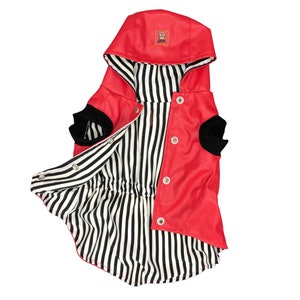 May include: Red hooded dog raincoat with black and white striped lining. The raincoat has a button closure and a small logo on the hood.