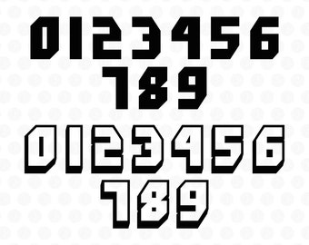 May include: A digital graphic set of numbers zero through nine in two distinct styles. The first set features solid black block-style numerals, while the second set displays the same numerals in a white fill with a thick black outline.