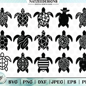 Turtle SVG Designs | 15 Different Unique Turtle Silhouettes Bundle | Cut Files for Cricut, PNG, Instant Download, Svg, Png, Cut Files