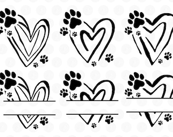 May include: A collection of six black graphic designs arranged in two rows. The top row features three heart shapes formed by paw prints and lines. The bottom row displays three split heart designs with horizontal lines for custom text placement.