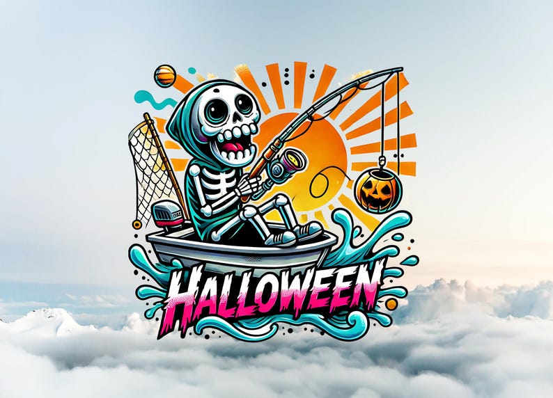 Skull Doing Fishing Clipart, Halloween Clipart Design, Sticker Png