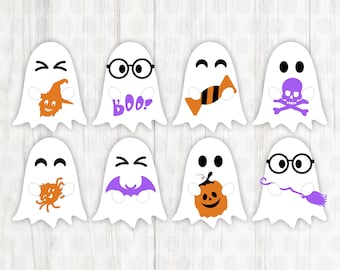 Może przedstawiać: Osiem białych wycinanek duchów ułożonych w dwa rzędy. Duchy posiadają różne grafiki o tematyce Halloween, w tym pomarańczowy kapelusz czarownicy, fioletowy napis "BOO!", pomarańczowy cukierek, fioletową czaszkę, pomarańczowego pająka, fioletowego nietoperza, dynię oraz miotłę.