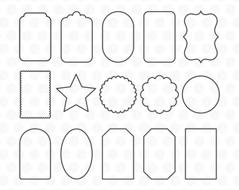 May include: A collection of fifteen distinct black outline shapes arranged in three rows. The set includes various rectangles, ovals, a star, and scalloped circular forms, all presented as simple line drawings on a plain white background.