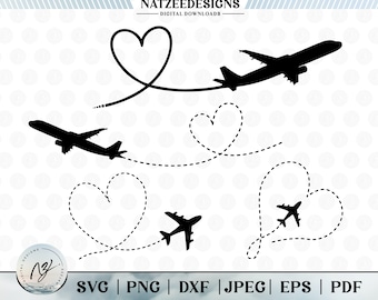 Puede incluir: Tres siluetas negras de aviones volando en diferentes direcciones, cada uno dejando un rastro punteado en forma de corazón. Los aviones vuelan hacia la parte superior de la imagen.