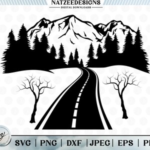 Snelweg in de bergen, snijbestanden voor Cricut. Illustraties (eps, svg, pdf, png, dxf, jpeg)