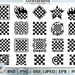 Puede incluir: Una colección de diseños a cuadros en blanco y negro en varias formas, incluyendo cuadrados, llamas, estrellas y marcos decorativos. Los diseños son para descargas digitales, con formatos de archivo como SVG, PNG, DXF, JPEG, EPS y PDF.