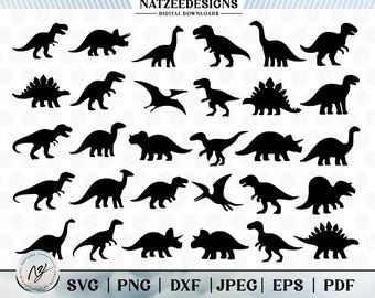 May include: A digital collection of black dinosaur silhouettes arranged in a grid, featuring various species including T-Rex, Triceratops, and Pterodactyl. The text NATZEEDESIGNS DIGITAL DOWNLOADS appears at the top, with file formats SVG, PNG, DXF, JPEG, EPS, PDF at the bottom.