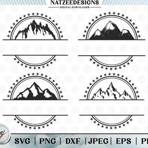 May include: Four black and white mountain range designs with a circle of stars around the top half of the design. Each design has a blank space for text below the mountain range.