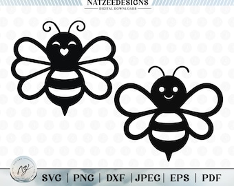 May include: Two black bee designs. One bee has a heart on its face, the other has a smiling face. The bees have striped abdomens, antennae, and wings. The image includes the text "NATZEEDESIGNS DIGITAL DOWNLOADS" and file type options: SVG, PNG, DXF, JPEG, EPS, and PDF.