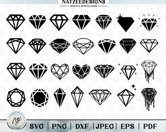 May include: A set of 25 black and white diamond SVG cut files. The diamonds are in various shapes and styles, including classic, heart, and dripping.