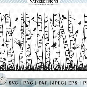 May include: Black and white silhouette of a birch tree forest with birds flying in the air. The trees are tall and slender with a white bark pattern. The forest is set against a white background.