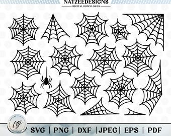 May include: A collection of black spiderwebs in various shapes and sizes, including circular, triangular, and corner designs. A small spider is also included. The image has the text "NATZEEDESIGNS DIGITAL DOWNLOADS" at the top and file type options at the bottom.