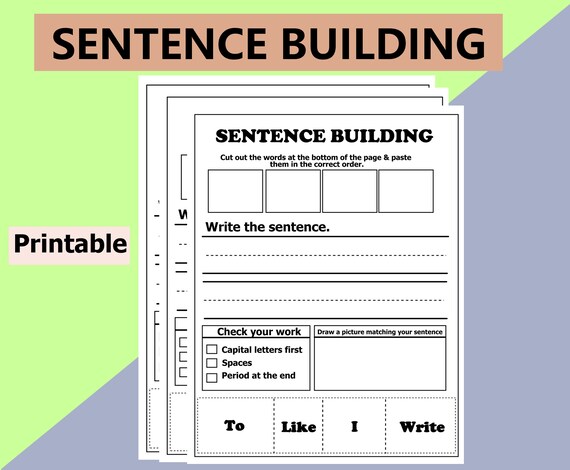 beginner sentence building printable english worksheets cut etsy