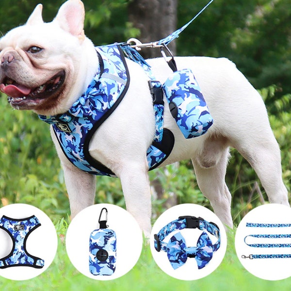 Dog Harness, Leash, Collar with a Bow Tie and a Waste Bag Set, Adjustable, No Pull, Padded, Camouflage Pattern Harness Bundle for Dogs
