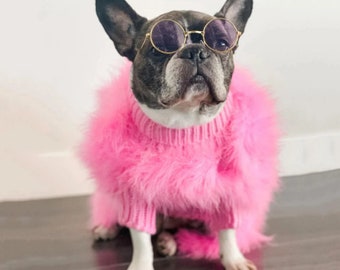 French Bulldog/Pug Dog Clothes | Pink, Blue Faux Fur Sleeve Dog Sweater | Cat Clothing | Dog Apparel | Dog shirt for Stylish Pets