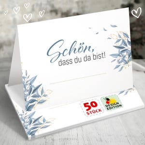 50x Tischkarten Hochzeit Floral Blau - Schön, dass du da bist - Funke & Brand