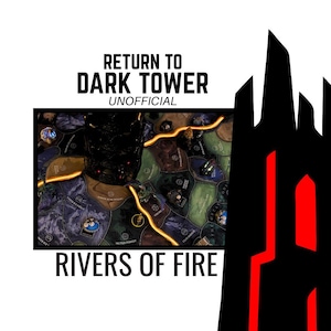 以下が含まれることがあります： 「Return to Dark Tower」と「Rivers of Fire」のテキストが入ったボードゲーム。ゲーム盤には、さまざまなエリアとフィギュアが描かれた地図があります。右側には、赤いアクセントが付いた黒い塔のシルエットがあります。