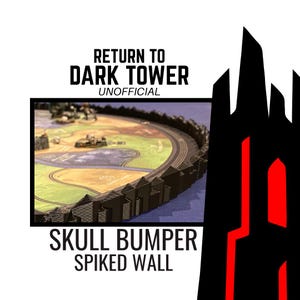 Puede incluir: Un muro negro con púas Skull Bumper rodea un juego de mesa. El tablero del juego presenta un mapa colorido con estructuras en miniatura. El texto "Return to Dark Tower Unofficial" se muestra encima del tablero.