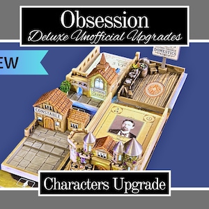 May include: A detailed miniature game upgrade set with buildings and character cards. The set includes miniature buildings labeled "Constable" and "Reverend Grantly", and a character card with a portrait. The text "Obsession Deluxe Unofficial Upgrades" is displayed.