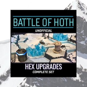 May include: A tabletop game set with the text "BATTLE OF HOTH" and "HEX UPGRADES COMPLETE SET". The set includes hexagonal tiles, blue ice formations, and a small tower structure. The overall theme is a snowy battle scene.