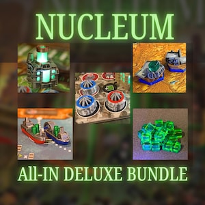 May include: A green and blue board game called "Nucleum" with the text "All-In Deluxe Bundle". The game includes a variety of pieces, including a green building, a blue ship, and a set of green cubes.